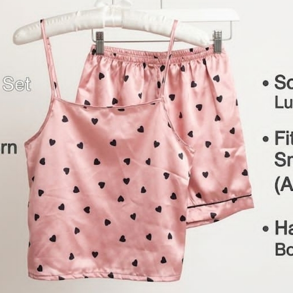Other - Pijama Pink Satin Cami&Short PJ Set With Black Hearts Size Small/Medium Approx.